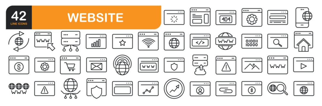 Set of line icons related to Website, Browser. Outline icons collection. Editable stroke. Vector illustration