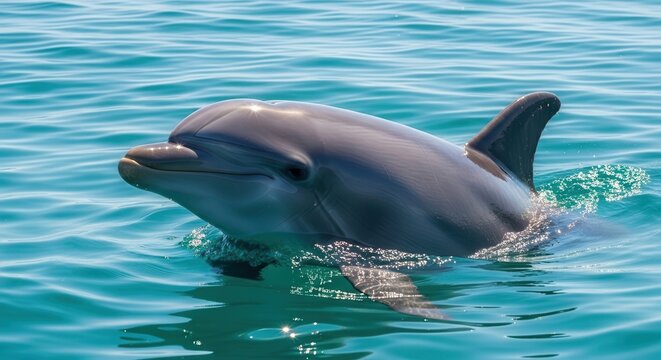 A graceful bottlenose dolphin surfaces in the bright blue ocean water, breaching for air with sunlight reflecting off its sleek body.