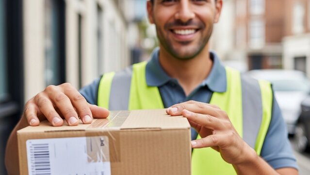 Smiling delivery man holding cardboard box parcel outdoors, courier service concept