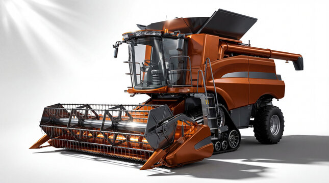 Powerful, modern orange combine harvester on white background, ready for efficient agricultural harvesting