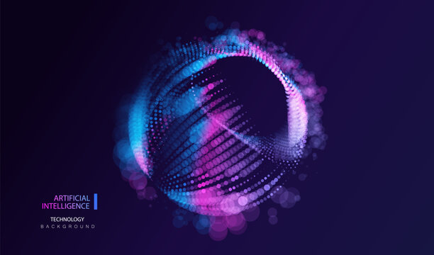 Sphere ai particles banner. Dots ring in big data neon background. Artificial Intelligence futuristic splash circles vector concept.