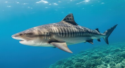 Fototapeta premium A striking tiger shark with distinctive vertical stripes glides majestically through clear blue ocean waters near a vibrant coral reef.