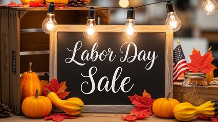 Labor Day Sale sign on chalkboard with autumn pumpkins and American flag