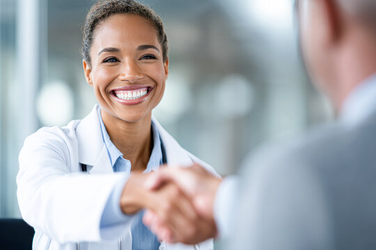 Smiling doctor warmly shaking hands with a patient in a bright, professional setting.