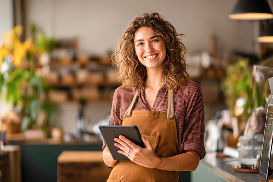 A young woman barista wearing an apron smiles while holding a tablet in a cozy, modern cafe setting.