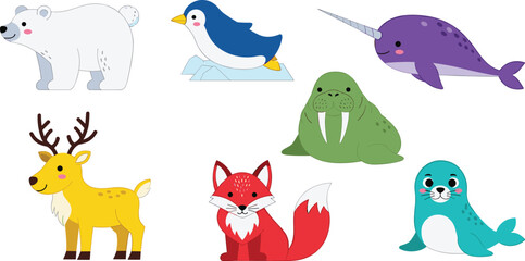 Cute Arctic and Ocean Animal Character Set with Polar Bear, Penguin, Narwhal, Seal, Fox, and More for Kids' Illustrations and Educational Designs © Shahariar