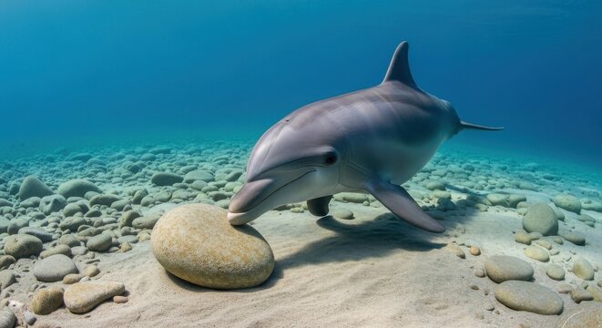 Curious dolphin gently nudges a smooth rounded pebble on the sandy ocean floor, showcasing marine life exploration