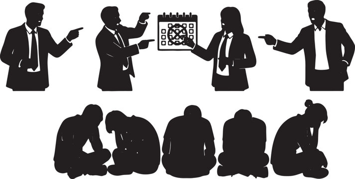 Black Solid Demanding Manager Pointing Calendar Silhouettes Set of Six on White Background