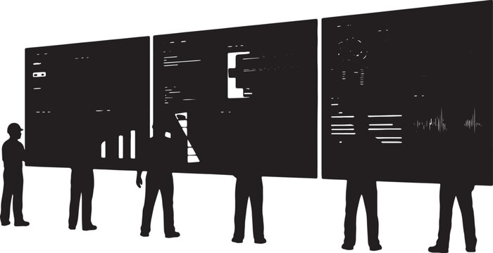 Black Solid Devops Engineer Monitoring Cloud Infrastructure Silhouettes Set of Six on White Background