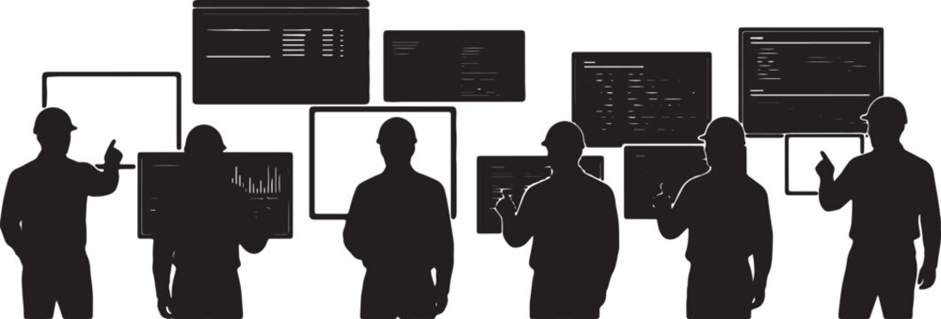 Black Solid Devops Engineer Monitoring Cloud Infrastructure Silhouettes Set of Six on White Background