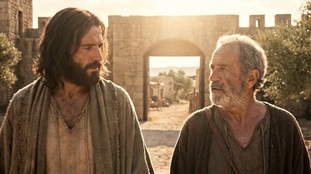 Jesus and Cleopas approaching the Emmaus village gates