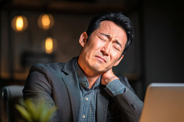 Obraz premium A man in business attire sits at a desk, grimacing and holding his neck in discomfort, likely due to pain or stress.