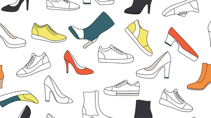 Obraz premium Fashionable pattern of diverse shoes and boots in vibrant colors like orange, yellow, and teal on a white background.
