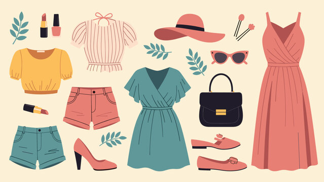 Collection of women s fashion items including dresses, tops, shorts, shoes, a hat, and makeup accessories.