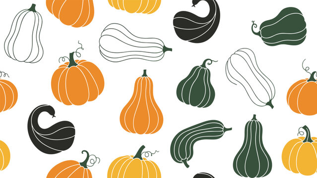 Autumn harvest pattern features an assortment of pumpkins and squashes in various shapes, sizes, and colors like orange, green, and white.