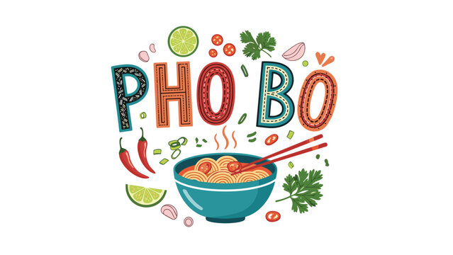 Pho bo lettering with decorative patterns is surrounded by traditional ingredients like chili peppers, lime, and a steaming bowl of soup.