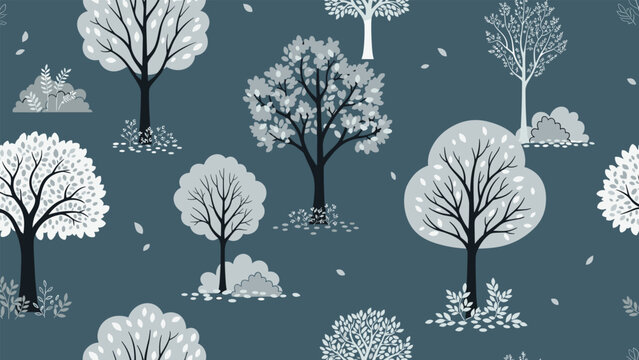 Serene woodland scene with various types of trees and bushes in muted grey and blue tones creates a calm forest pattern on a dark base.