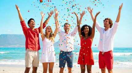 Obraz premium Diverse friends celebrating with colorful confetti on sunny beach summer vacation holiday group.