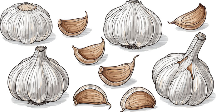 Garlic hand drawn vector collection with bulbs and cloves. Vintage engraved food illustration set. Organic spice elements for cooking, kitchen and grocery packaging design.
