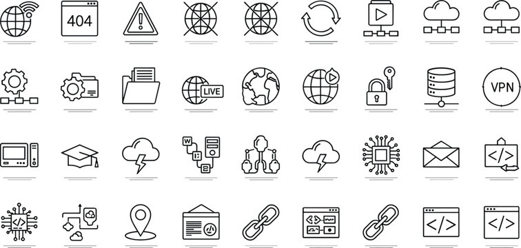 Internet network technology line icon set with cloud security vpn database coding web connection outline vector symbols collection pack