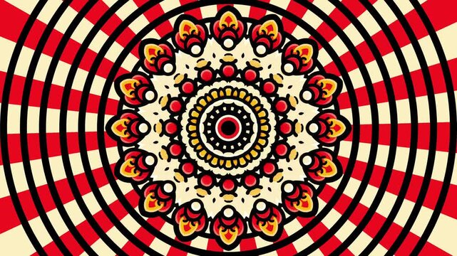 Vibrant Mandala Art on a Red and Cream Sunburst Background with Concentric Circles for Spiritual Meditation and Cultural Graphic Design
