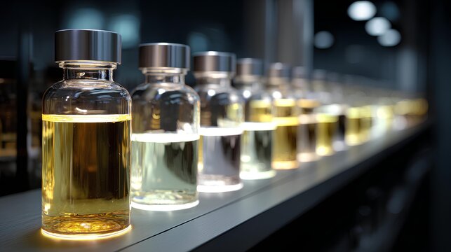 Aromatic Elixirs in Focus: A row of glass vials, each filled with a unique, aromatic liquid, arranged on a shelf. capturing the diversity of scent and the artistry of fragrance creation