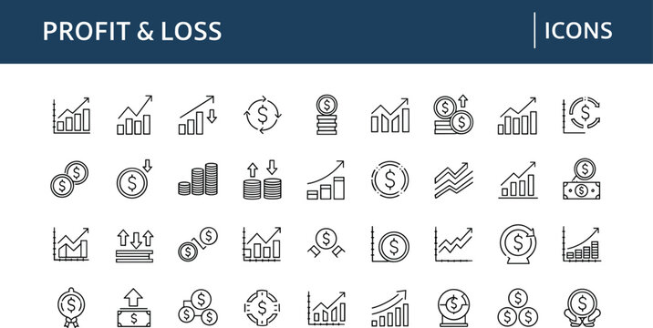 Profit and loss finance outline icon set including revenue growth decline charts money analytics investment trends and financial performance symbols