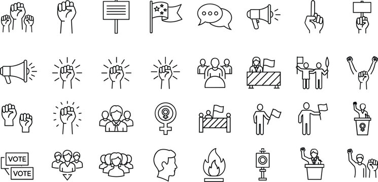 Protest activism line icon set with demonstration vote megaphone rights equality social movement outline vector symbols collection pack