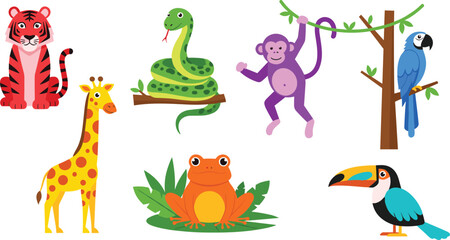 Fototapeta premium Jungle and Rainforest Animal Character Set with Tiger, Snake, Giraffe, Monkey, Frog, Toucan, and Parrot for Kids' Illustrations and Nature Designs