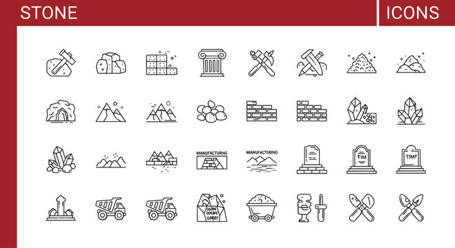 Stone mining line icon set with quarry tools rocks bricks crystals construction material outline vector industry symbols collection pack