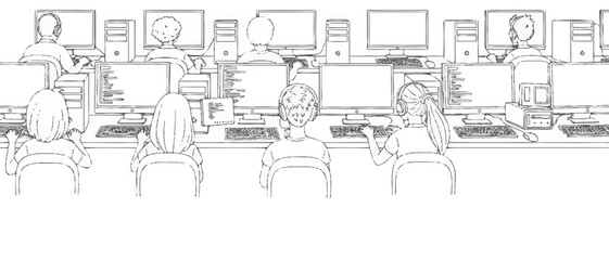 Obraz premium People working on computers in an office setting with multiple monitors and keyboards art-45