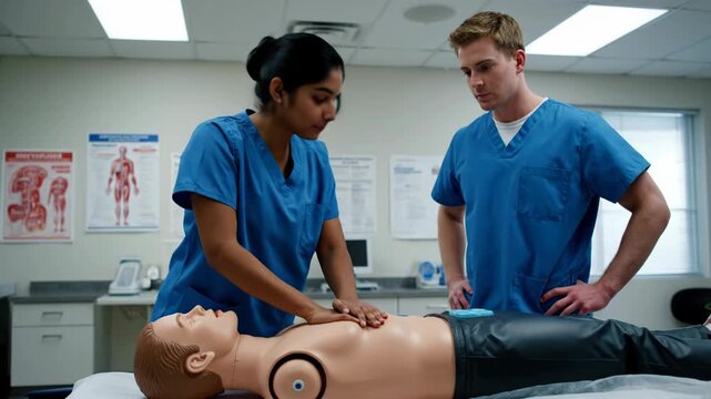 Medical Students Practice CPR on Mannequin in Training Simulation.