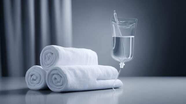 Sterile medical gauze rolls and an IV drip bag with saline solution