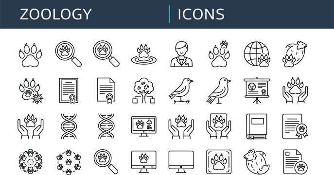 Zoology outline icon set including animal research paw prints wildlife observation biology genetics conservation and veterinary study symbols