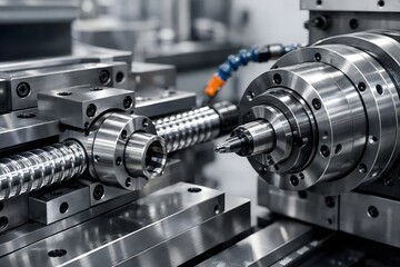 Fototapeta premium Industrial CNC Machining Process Close Up for Precision Engineering, Manufacturing and Factory Automation Concept