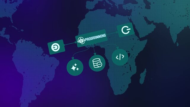 Software programming and web development screen with lines of binary code and digital syntax icons.
