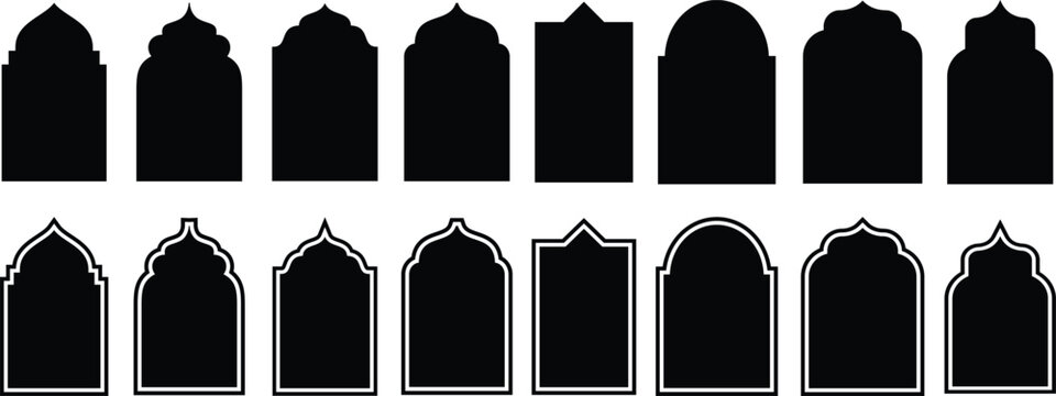 Collection of oriental style islamic vector shapes of a window or door arch mosque gate islamic arabesque pattern arab frame set on transparent background ramadan kareem silhouette icon set.
