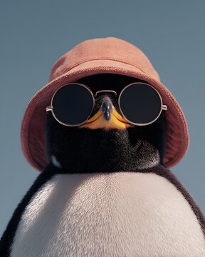 Cute Penguin Wearing Pink Bucket Hat And Sunglasses Outdoors Sky Background