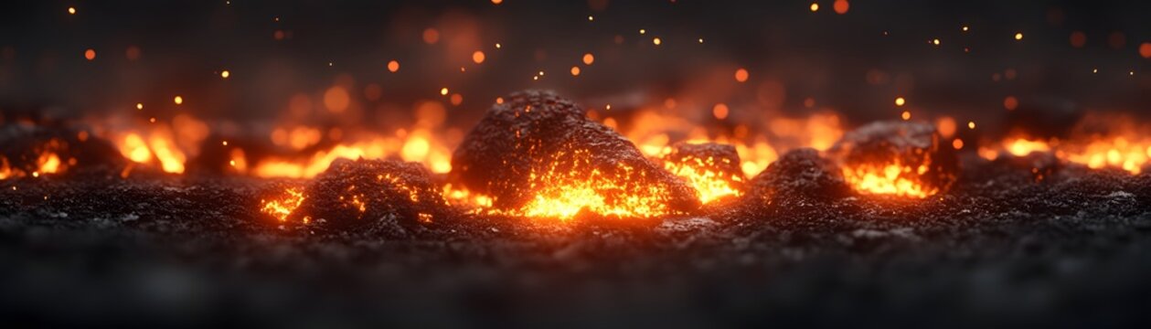Glowing embers and hot volcanic rocks illuminate the darkness with intense heat.