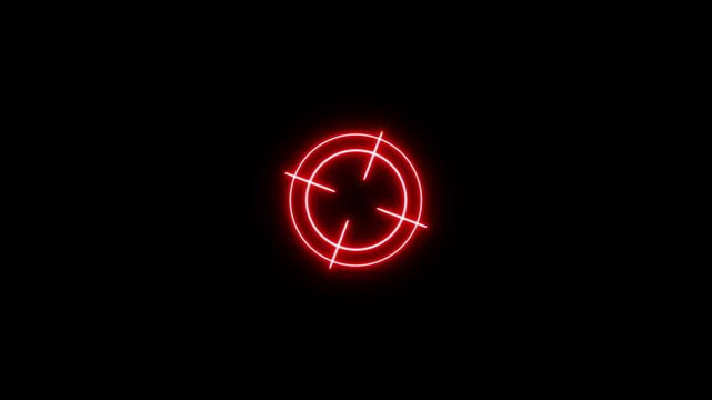 Red Neon Crosshair Target Symbol on Black Background. . Military training, Military target icon animation on black background. Crosshair, gun aim, sniper target.