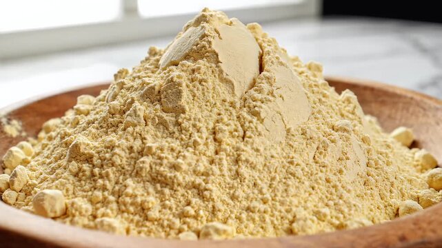 Closeup of a wooden bowl filled with chickpea flour a staple ingredient in Indian cuisine.