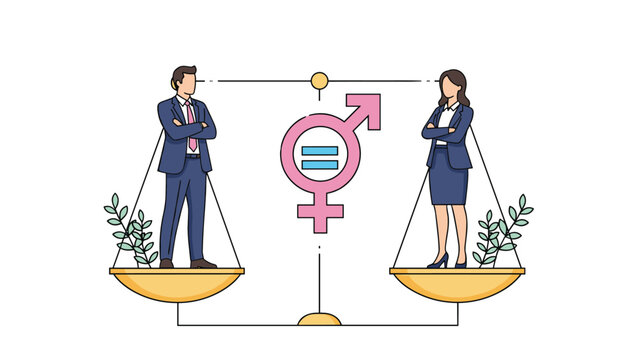 Conceptual illustration of a man and a woman standing on balanced scales with a gender equality symbol between them.
