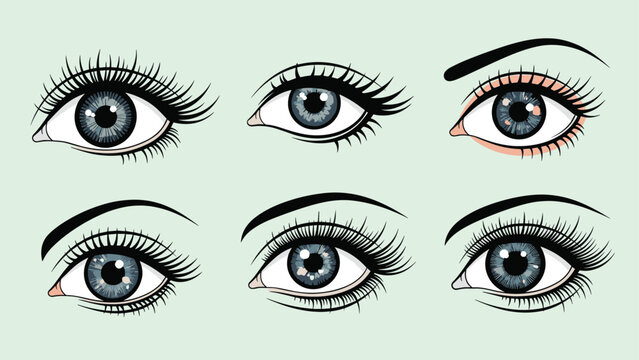 Set of six detailed female eye illustrations showing different makeup styles, eyelash lengths, and eyebrow shapes on light background.
