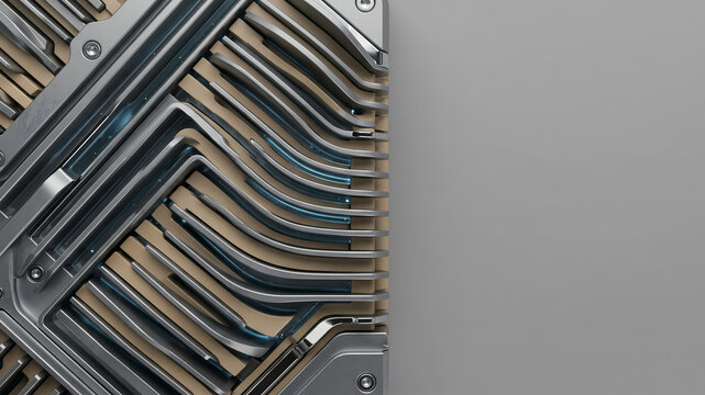 Diagonal wavy titanium lines and beige slots on neutral grey background with copy space