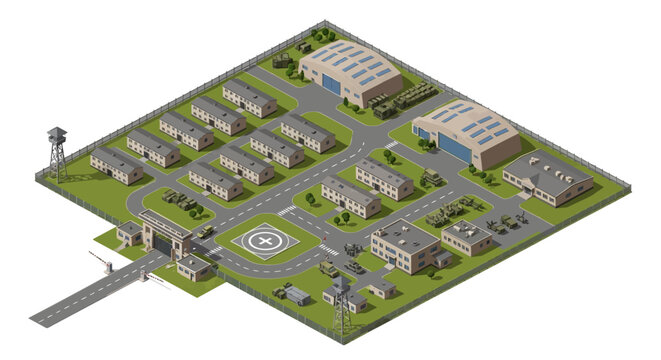 Isometric vector art depicts a detailed military base with various buildings and a control tower, showcasing a strategic design on a technology-driven map with a clean, organized layout