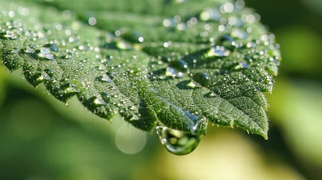 Close up of a green leaf with dew drops glistening in the sunlight.