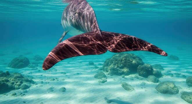 Majestic Dolphin Tail Fluke in Azure Ocean Waters With Sunlight Rays Illuminating the Seabed and Coral