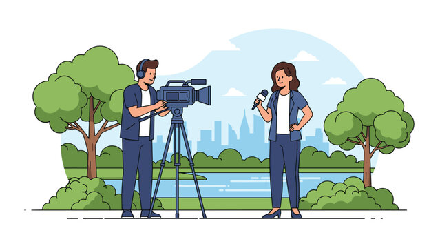 Professional news reporter speaking into microphone while cameraman records her in a beautiful city park with urban skyline.