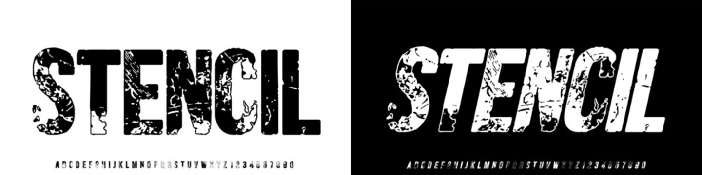 Stencil font, condensed bold alphabet, italic modern geometric modular letters and numbers, book symbols for newspaper headline or your street poster design, vector illustration