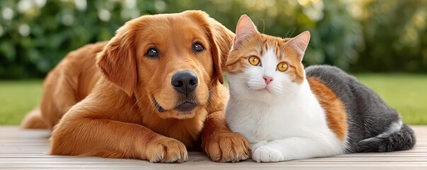 Plakat Adorable golden retriever and ginger cat relaxing together on a wooden deck in sunny garden